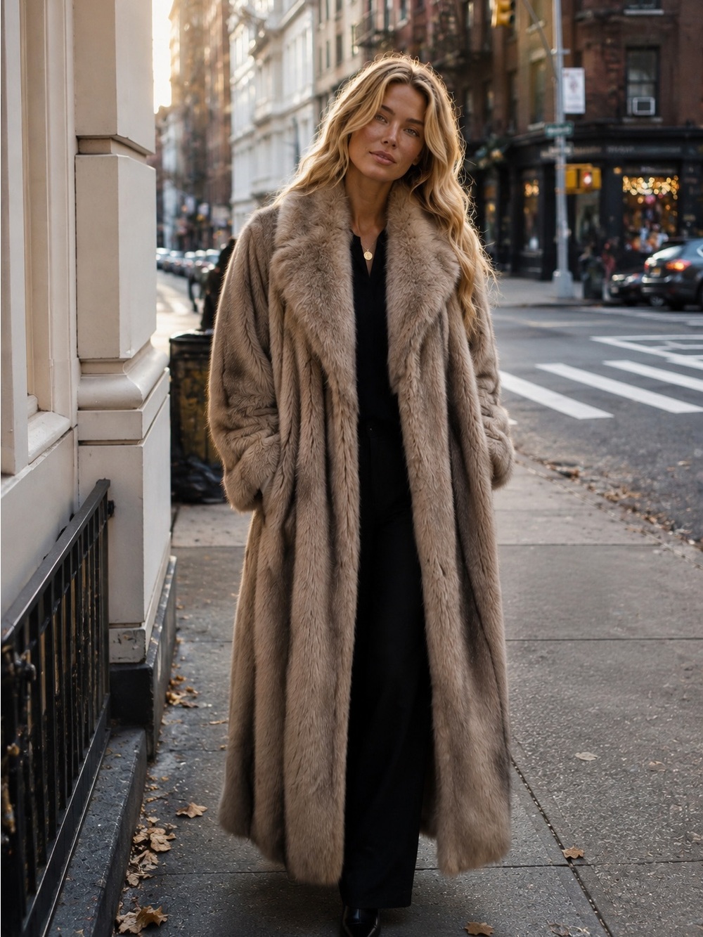 Vintage style luxury faux fur coat tan brown full length long jacket